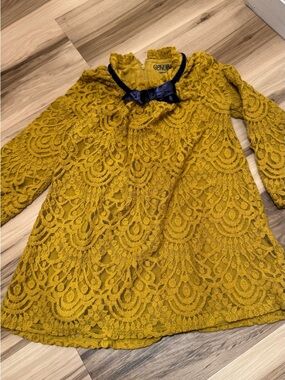OshKosh B'gosh Mustard Lace Dress with Navy Bow 4t